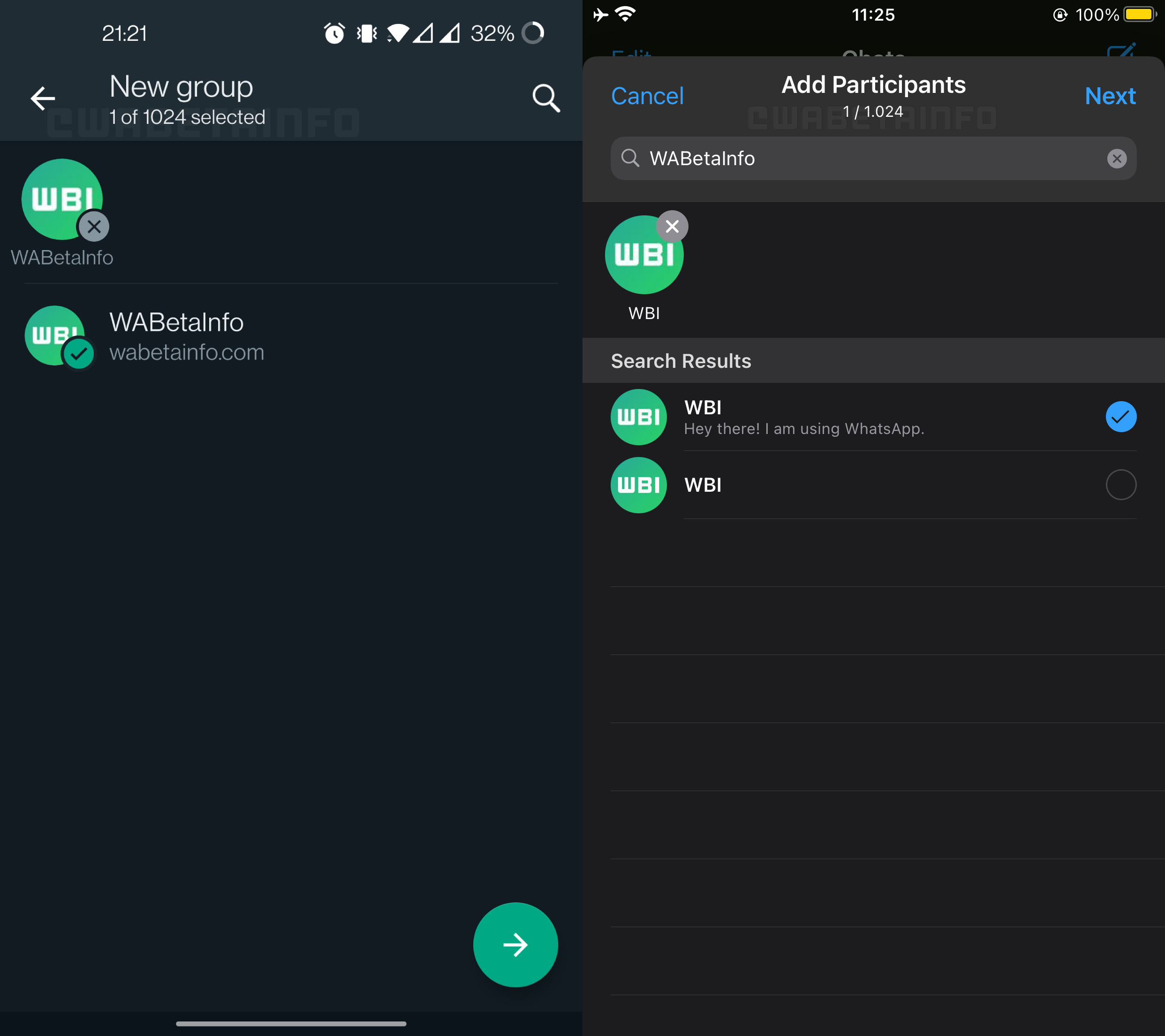 Tampilan fitur 1024 anggota grup WhatsApp di Android dan iOS. 
