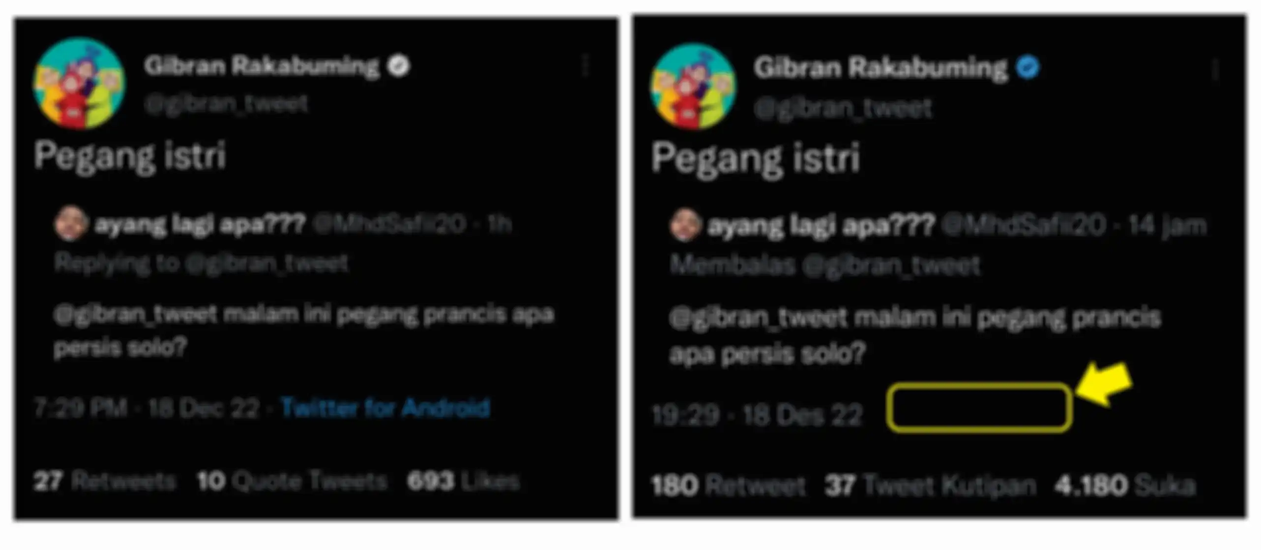 Contoh label Twitter for Android yang sudah dihapus di tweet balasan Walikota Surakarta, Gibran Rakabuming.