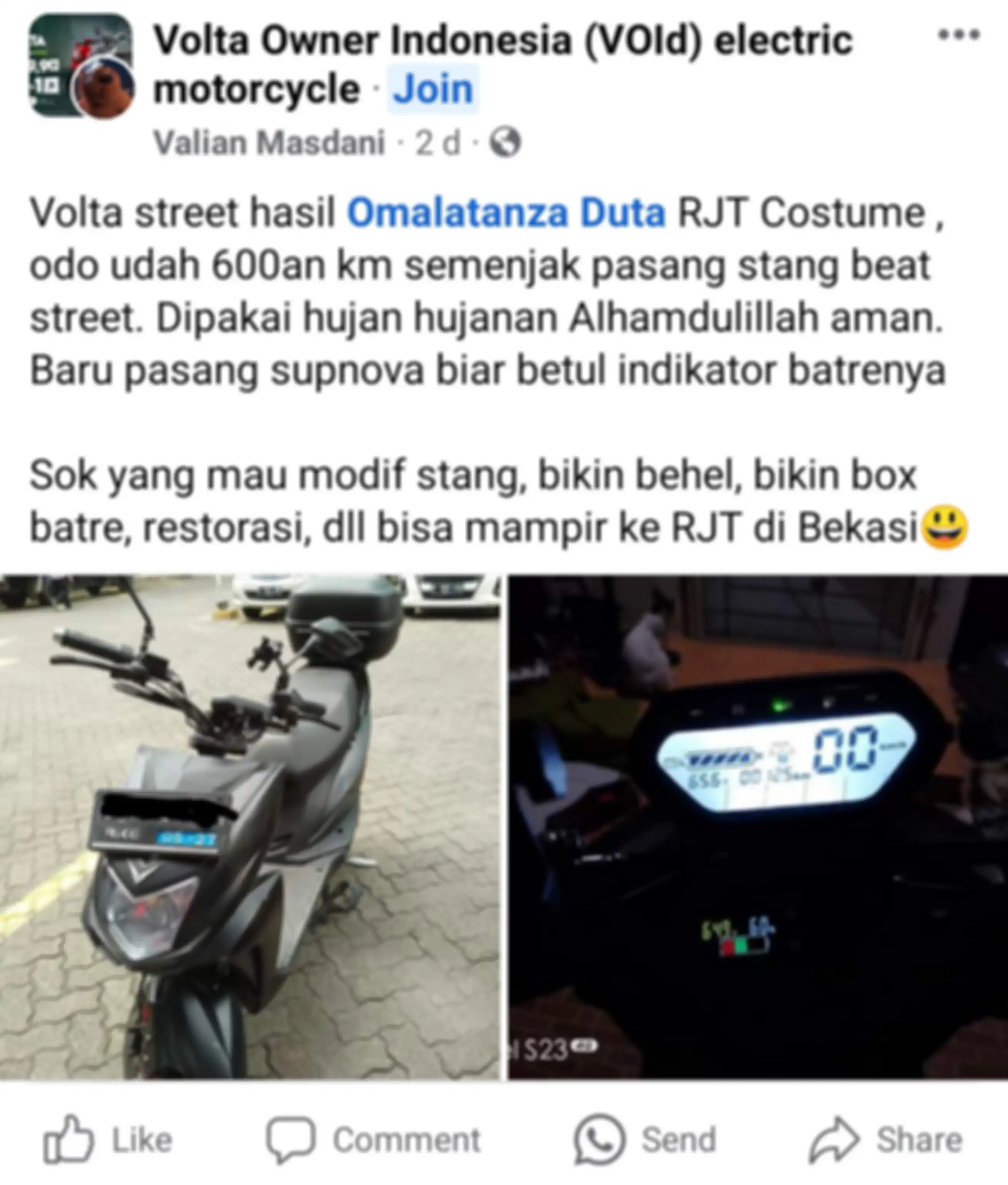Postingan Valian di grup Facebook Volta Owner Indonesia. 