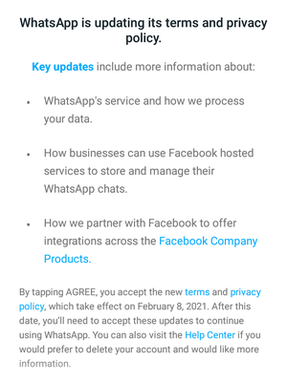 Notifikasi yang diterima KompasTekno berkaitan dengan kebijakan baru privasi WhatsApp, Kamis (7/1/2021)