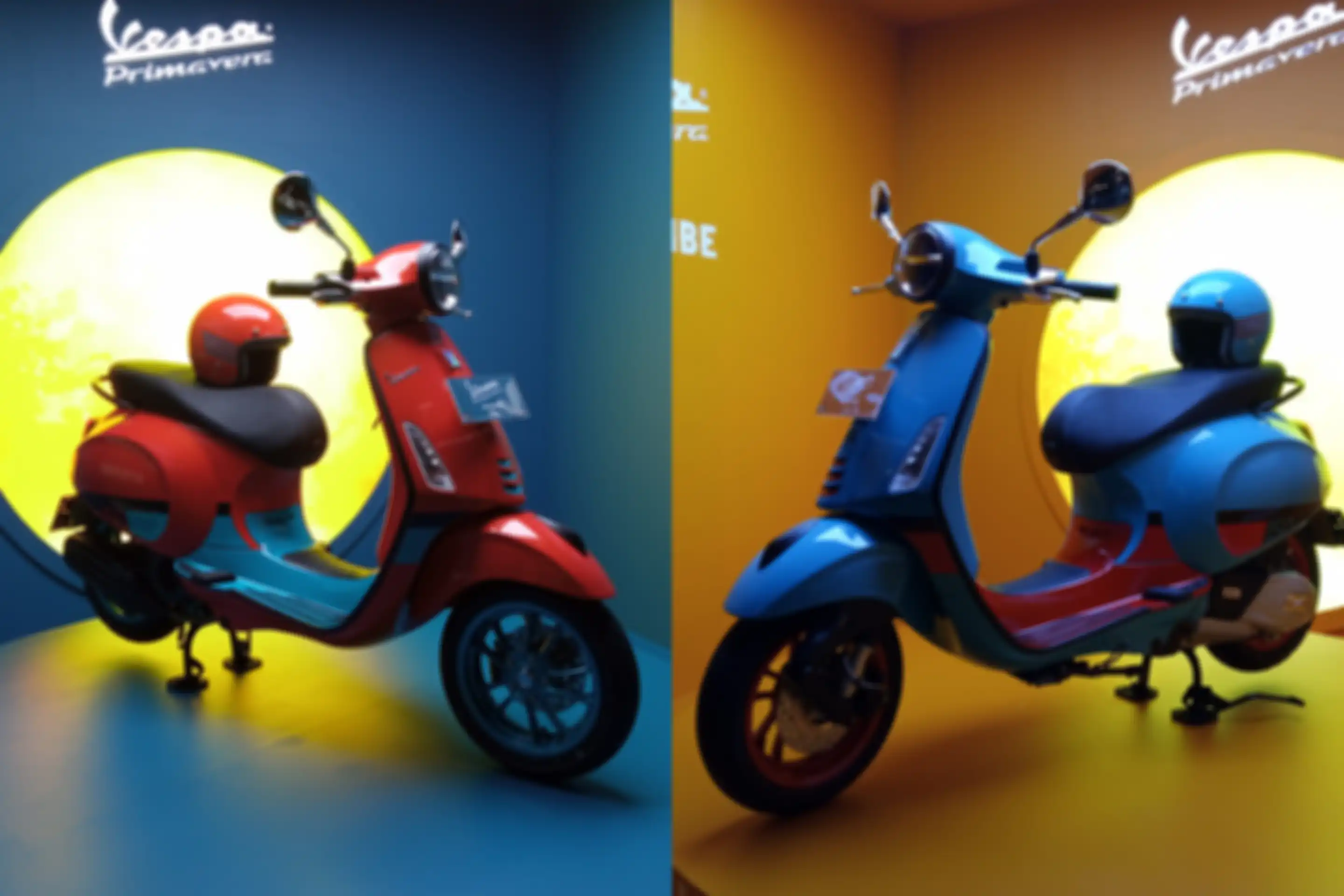 Vespa Primavera Color Vibe warna Orange Tramonto (kiri) dan Blue Audace (kanan). 