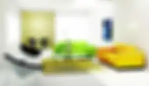 Ilustrasi warna-warni ceria ditampilkan sofa dengan pelapis kulis sintetis.