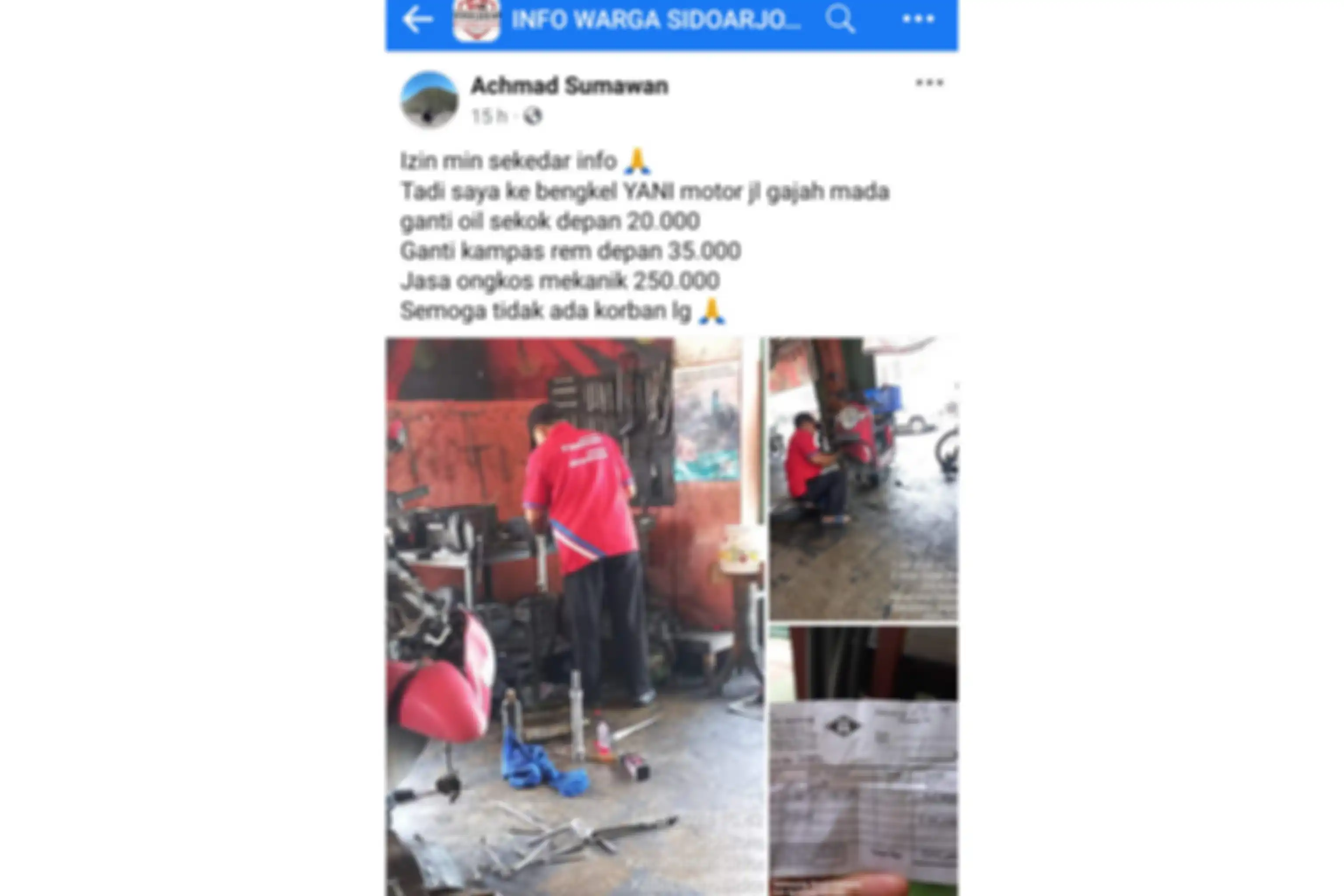 Postingan Achmad Sumawan ke grup FB INFO WARGA SIDOARJO (IWS), Senin (1/7/2024). 