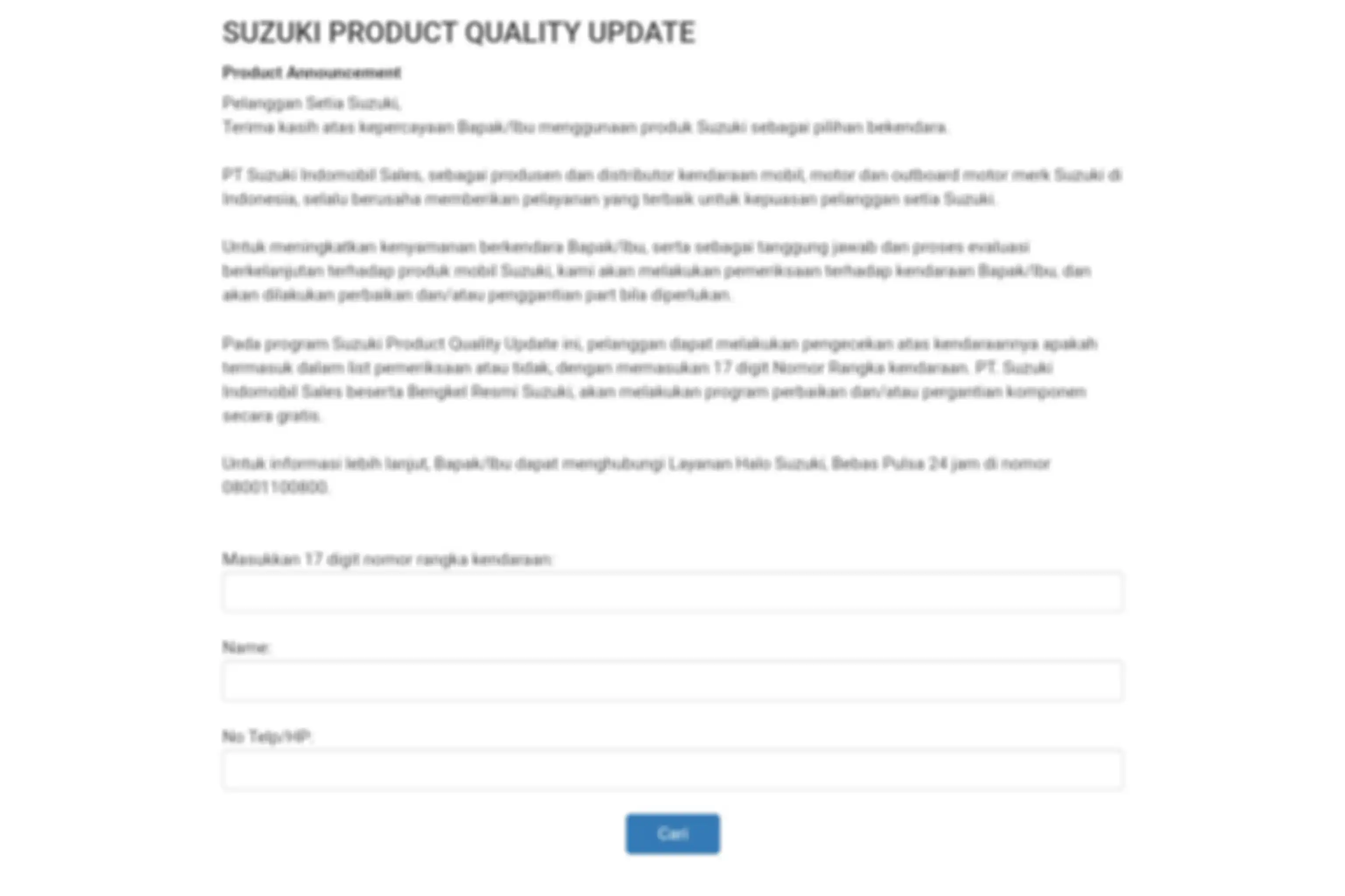 Suzuki Product Quality Update dapat dicek melalui website suzuki.co.id.