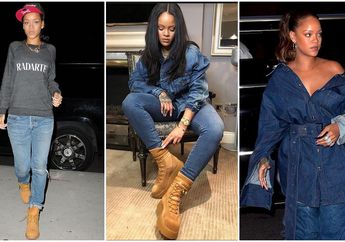 Gaya Fashion Denim on Denim Rihanna dengan Scuba Boots, Keren!