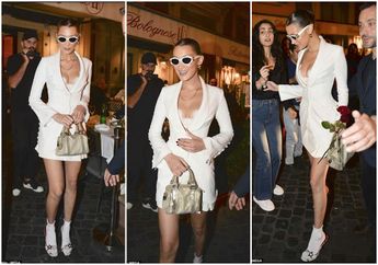 Tampil Seksi di Roma, Bella Hadid Kenakan Luaran Blazer dan Rok Mini Bernuansa Broken White