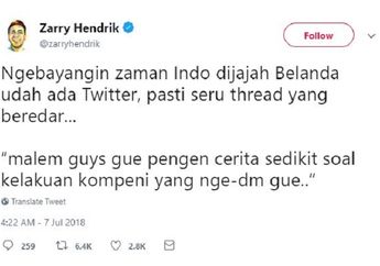 Viral, Twit Zarry Hendrik 'Seandainya Zaman Indonesia Dijajah Belanda Udah Ada Twitter'