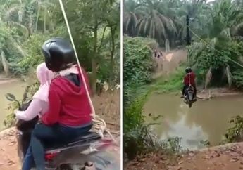Tak Miliki Jembatan, Viral Video 2 Wanita Ini Nekat Nyebrang Sungai dengan Motornya ala Flying Fox!