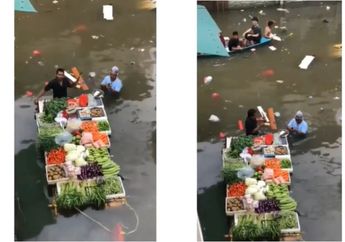 Video Viral Pedagang Sayur Berjualan di Tengah Banjir Jakarta, Netizen: Serasa Pasar Terapung!