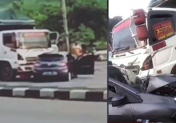 Viral Video Truk Gandeng Seret Mobil Brio di Tol Bawen-Semarang Lantaran Rem Blong Sejauh 150 Meter, Kondisi Pengemudi Selamat