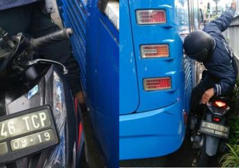 Nekat Lewat Jalur Transjakarta, Pengendara Motor Kejepit Bus