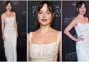 Dakota Johnson Tampil Memikat dengan Gaun Putih Ivory Sequin di Premier Film Terbarunya Fifty Shades Freed