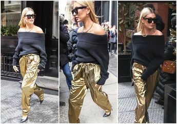 Selalu Terlihat Stylish, Celana Parasut Warna Emas ala Hailey Baldwin Jadi Perhatian Kritikus Mode, Yay or Nay Menurut Kamu? 