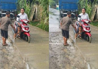 Duh, Emak-emak Pengendara Sepeda Motor Nekat Terjang Jalan yang Sedang Dicor, Beginilah Akibatnya