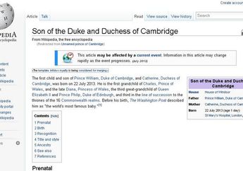 Berusia 1 Hari, Pangeran Baru Inggris Sudah Punya Laman Wikipedia