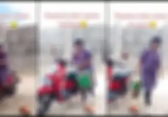 Aksi Kocak Emak-emak Terpaksa Pakai Sepatu karena Himbauan Tidak Boleh Pakai Sandal Saat Berkendara