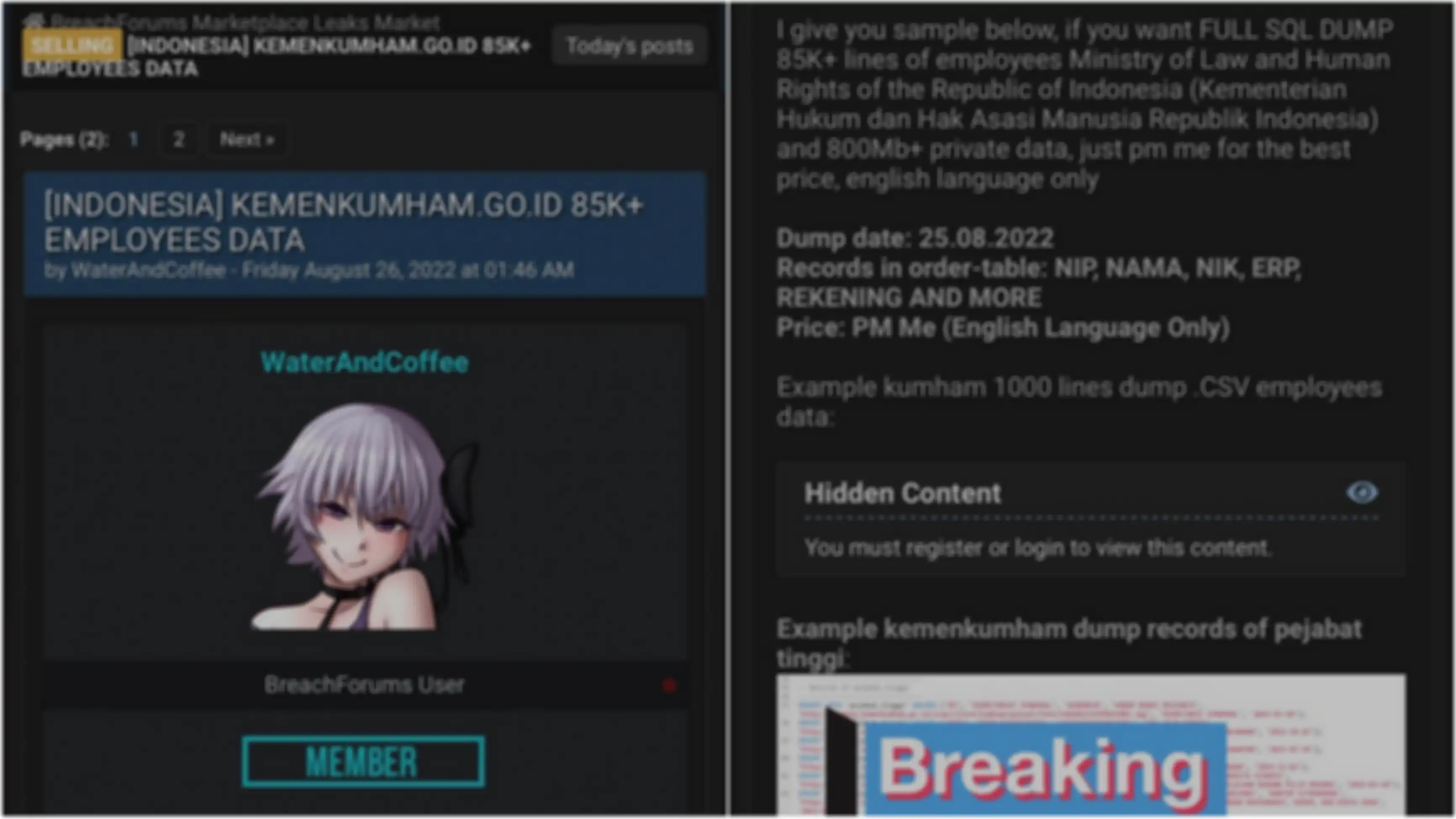 Tangkapan layar dugaan kebocoran data Kemenkumham yang dijual di situs breached.to oleh akun WaterAndCoffee.
