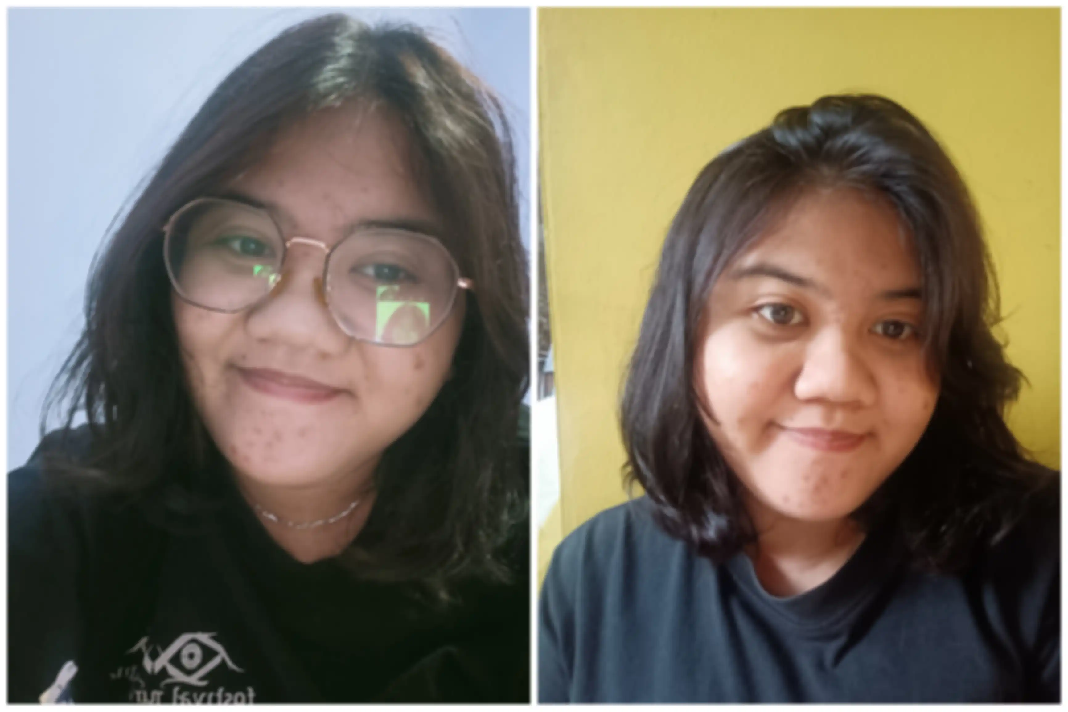 (kiri) foto selfie di dalam ruangan dan (kanan) foto selfie diuar ruangan saat sore hari di realme 8 5G