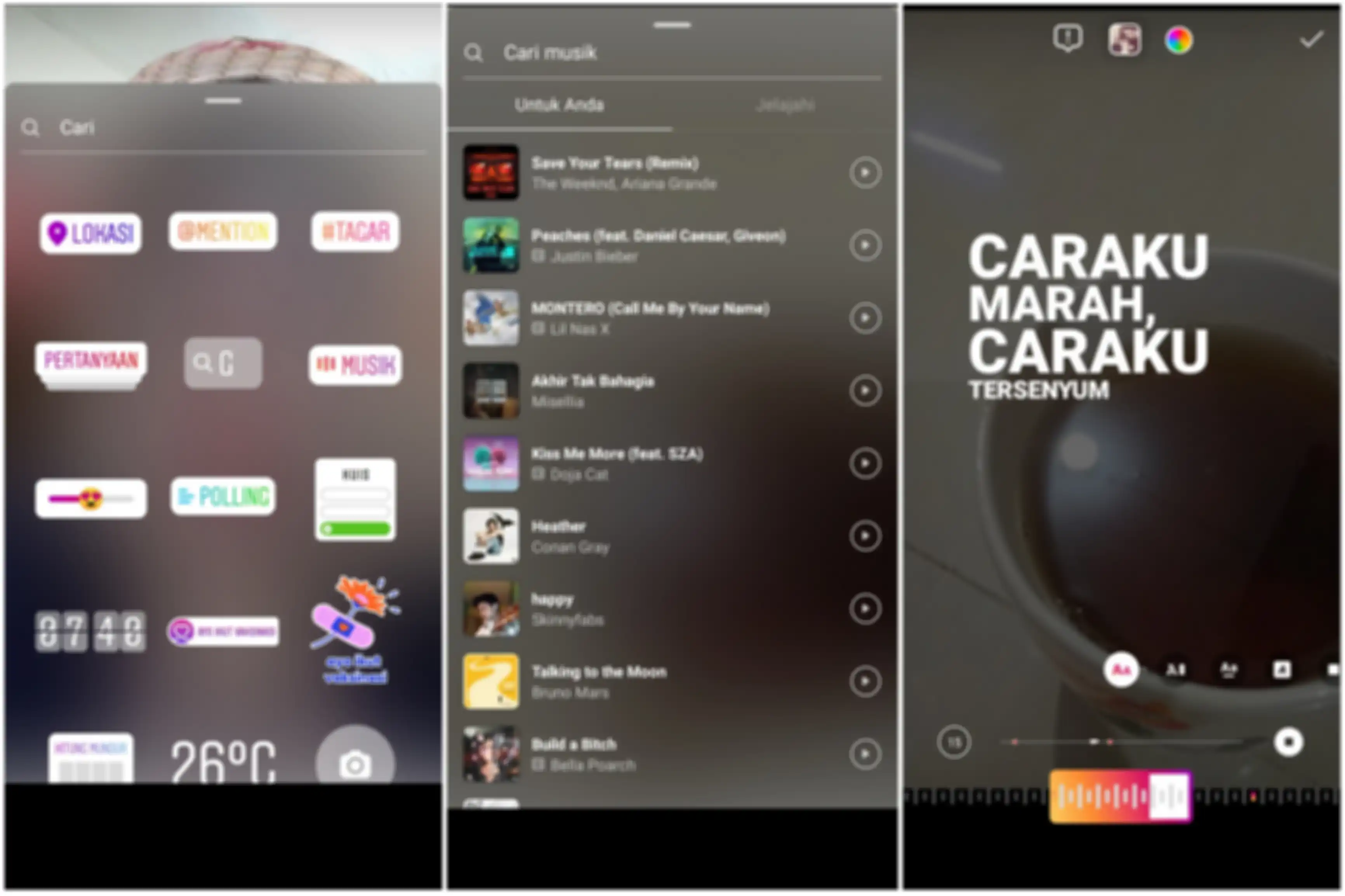 Tangkapan layar tampilan fitur Instagram Music yang masuk ke Indonesia.