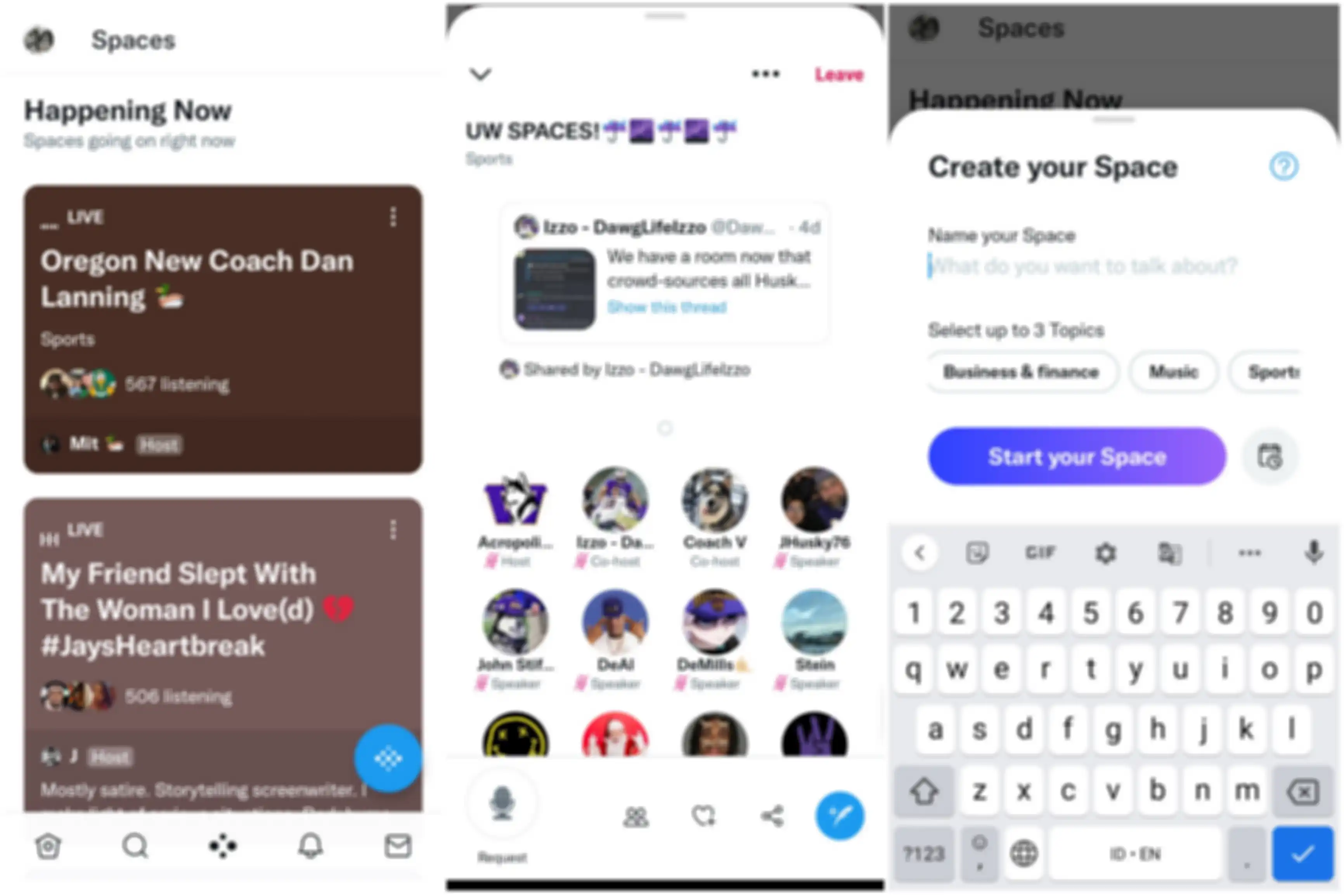Tampilan menu Spaces Twitter.