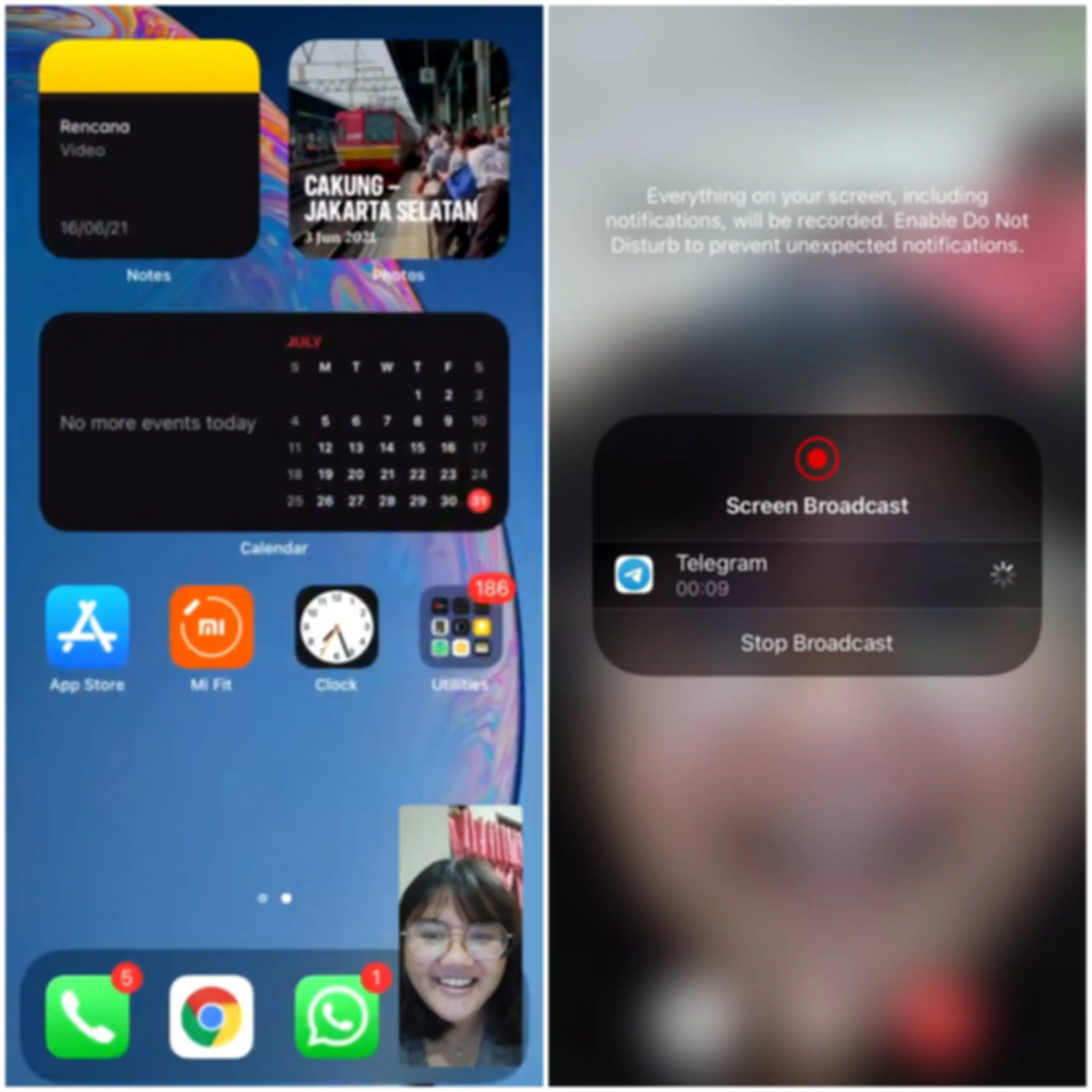 Tangkapan layar ketika fitur screen share berhasil digunakan di Telegram melalui iPhone