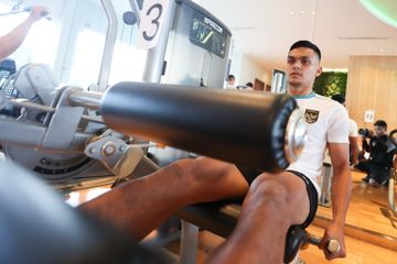 Rachmat Irianto dalam sesi latihan gym Timnas Indonesia pada Selasa (6/6/2023)
