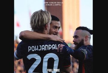 Kapten timnas Indonesia, Jay Idzes, ikut merayakan gol Venezia yang dicetak Joel Pohjanpalo ke gawang Empoli di laga Liga Italia (4/1/2025).