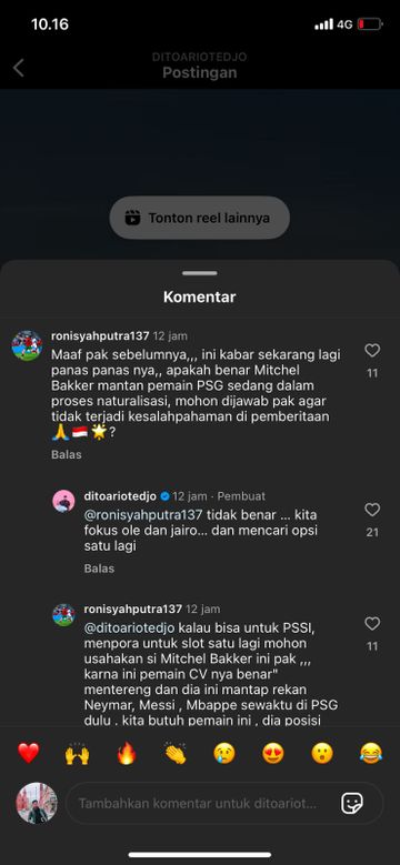 Klarifikasi Menpora, Dito Ariotedjo soal Mitchel Bakker yang diproses naturalisasi untuk timnas Indonesia di kolom komentar instagramnya, Rabu (15/1/2025).