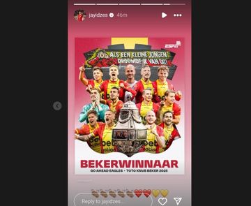 Unggahan Jay Idzes di Instagram saat merayakan kesuksesan mantan klubnya, Go Ahead Eagles, juara Piala Belanda 2024-2025.