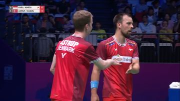 Ganda putra nomor satu Denmark, Kim Astrup/Anders Skaarup Rasmussen tak berkutik lawan Fikri/Daniel di fase grup D Sudirman Cup 2025, Kamis (1/5/2025).