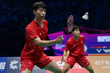 Pasangan ganda campuran China, Feng Yan Zhe/Huang Dong Ping, pada final Sudirman Cup 2025 di Xiamen Fenghuang Gymnasium, China, Minggu (4/5/2025).