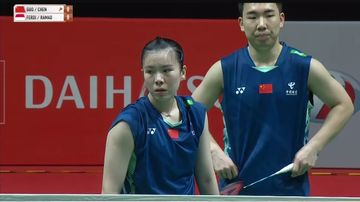 Ganda campuran China, Guo Xin Wa/Chen Fang Hui saat menghadapi Dejan Ferdinansyah/Siti Fadia SIlva Ramadhanti di babak kedua Malaysia Masters 2025.