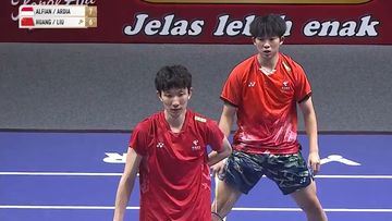 Ganda putra China, Huang Di/Liu Yang, pada perempat final Indonesia Open 2025 di Istora Senayan, Jakarta, Jumat (6/6/2025).