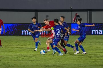 Suasana laga babak penyisihan Grup D Kualifikasi Piala Asia Putri 2026 antara Timnas Putri Indonesia versus Timnas Putri China Taipei (Timnas Taiwan) di Stadion Indomilk Arena, Tangerang, Banten, Sabtu (5/7/2025).