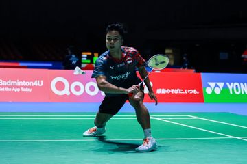 Tunggal putra Indonesia, Anthony Sinisuka Ginting pada babak pertama Japan Open 2025 di Tokyo Metropolitan Gymnasium, Tokyo, Jepang, Rabu (16/7/2025).