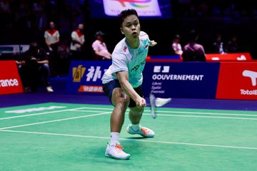 Tunggal putra Indonesia, Anthony Sinisuka Ginting, pada babak 64 besar Kejuaraan Dunia 2025 di Adidas Arena, Paris, Prancis, Selasa (26/8/2025).