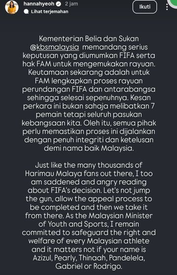 Menteri Pemuda dan Olahraga (Menpora) Malaysia, Hannah Yeoh turut mengomentari kasus pemain ilegal yang membelenggu timnas Malaysia.
