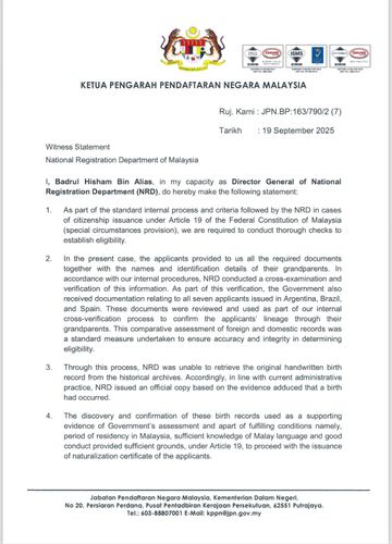 Surat dari Jabatan Pendaftaran Negara Malaysia yang diunggah akun media sosial Tunku Ismail Sultan Ibrahim