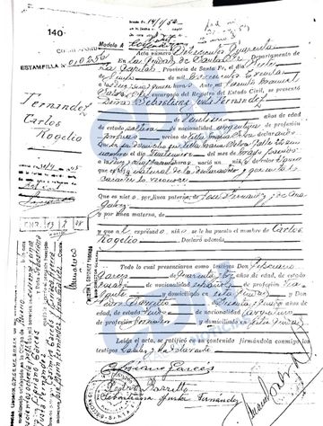 Dokumen Akta kelahiran Carlos Rogelio Fernandez (Kakek Facundo Garces) yang didapatkan CDN dari Catatan Sipil Santa Fe