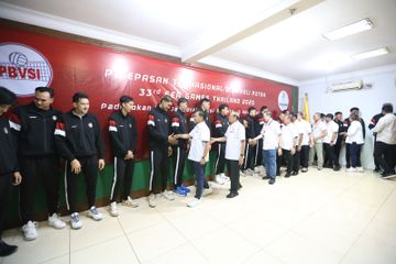 PBVSI menggelar acara pelepasan timnas voli putra Indonesia jelang SEA Games 2025 di Sentul, Jawa Barat, 15 November 2025.
