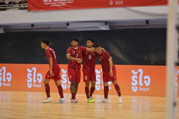 Selebrasi gol Timnas futsal Indonesia pada laga terakhir SEA Games 2025 lawan Thailand di Nonthanburi Stadium, Thailand, Jumat (19/12/2025) malam WIB