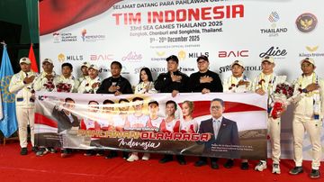 Acara penyambutan atlet sepeda di Bandara Soekarno-Hatta, Minggu (21/12/2025).