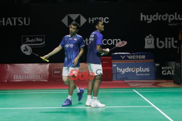 Ganda putra Indonesia, Fajar Alfian/Shohibul Fikri, saat menjalani pertandingan pada Indonesia Masters 2026 di Lapangan Istora, Senayan, Jakarta.
