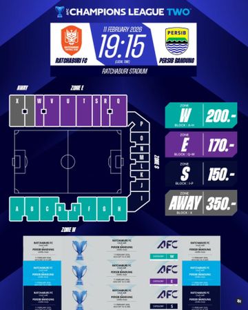 Daftar harga tiket laga Ratchaburi FC vs Persib Bandung di Ratchaburi Stadium, Thailand, pada 11 Februari 2026.