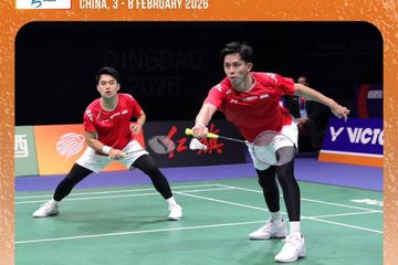 Ganda putra Indonesia, Leo Rolly Carnando/Muhammad Rian Ardianto, saat melawan wakil Jepang di Kejuaraan Beregu Asia 2026.