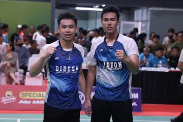 Ganda putra besutan Gideon Badminton Academy, Joseph Marcellino Kyta/Joven Farandi, setelah kemenangan di final Seleksi Nasional PBSI, Sabtu (7/2/2026).