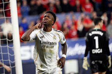 Selebrasi Vinicius Junior usai mencetak gol ke gawang Osasuna, Minggu (22/2/2026) dini hari WIB.