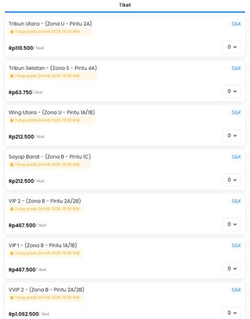 Tampilan daftar harga tiket laga Malut United vs Persija di Stadio Kie Raha, Ternate, pada Selasa (24/2/2026).