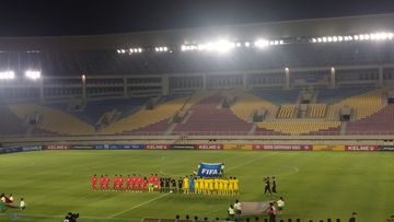 Suasana pertandingan Timnas U-17 Indonesia vs Malaysia di Stadion Manahan, Solo, Sabtu (4/7/2026)