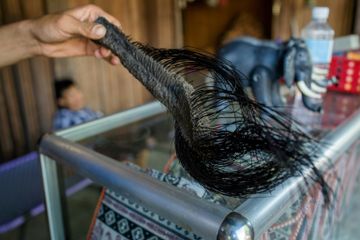 Ekor gajah dengan bulu-bulu kasar yang dijual oleh para pedagang di Vietnam. 